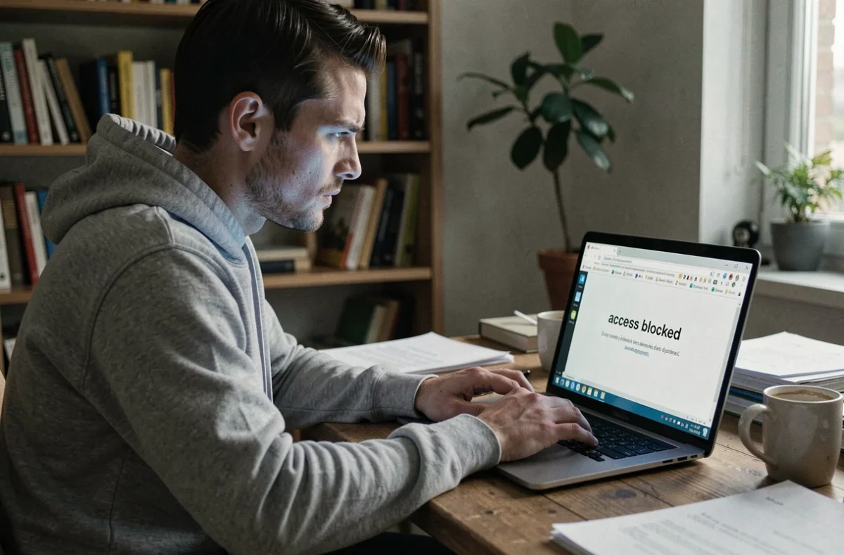 Homme frustré devant un écran d'ordinateur affichant un message de blocage d'accès à un site web par un FAI