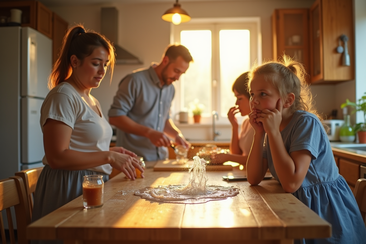 Une famille dans la cuisine après un accident d eau