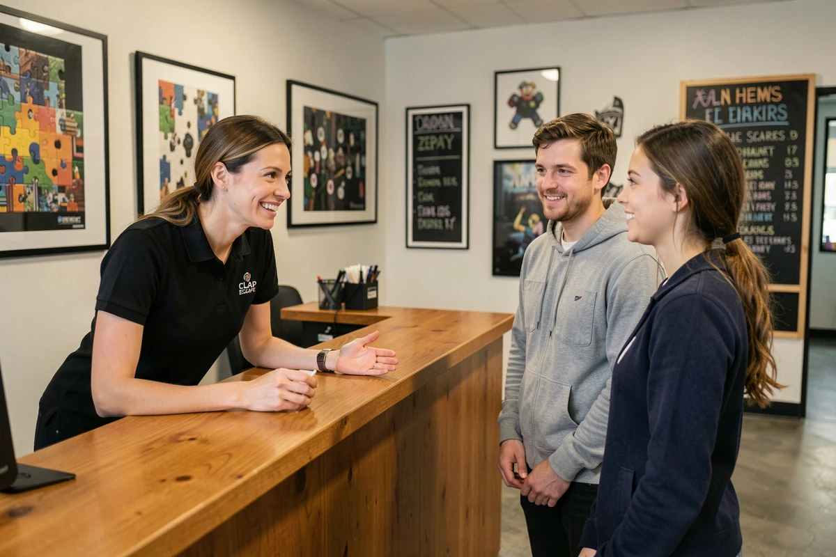 Maître du jeu accueillant des débutants à la réception d'un escape game à Lyon sans stress