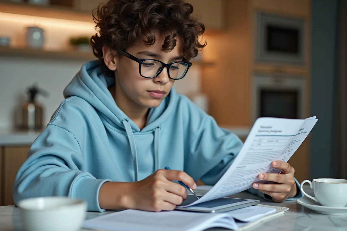 Adolescent comparant une fiche de devoir et une encyclopédie en ligne sur tablette pour apprendre à citer ses sources