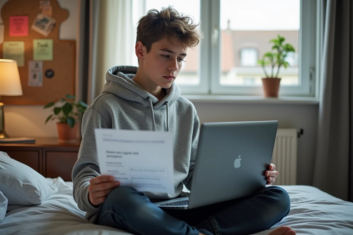 Adolescent étudiant la grammaire française sur son ordinateur portable, cherchant la bonne orthographe de y a-t-il
