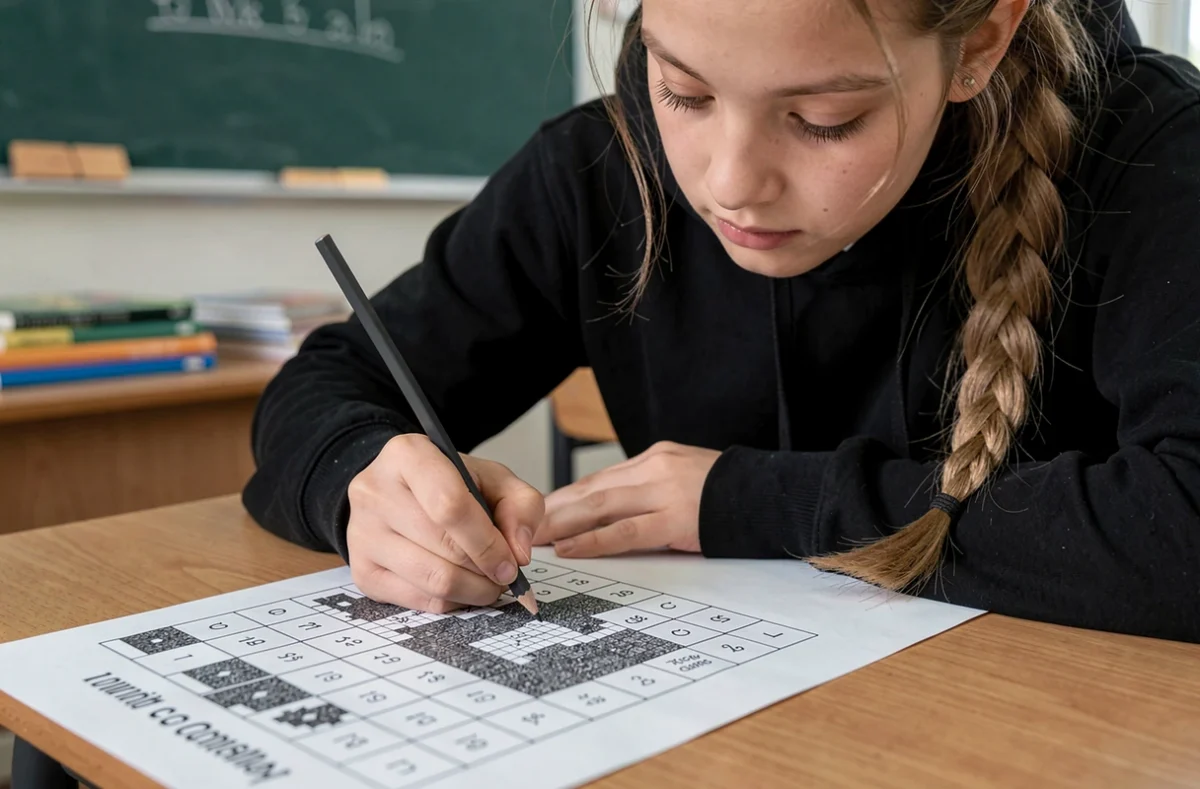 Adolescente complétant un exercice de pixel art noir et blanc sur une feuille quadrillée en classe