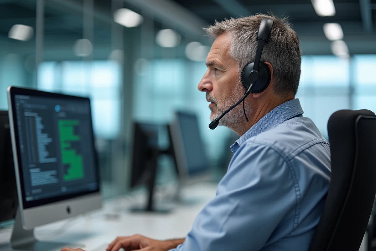 Agent de support client au bureau avec casque