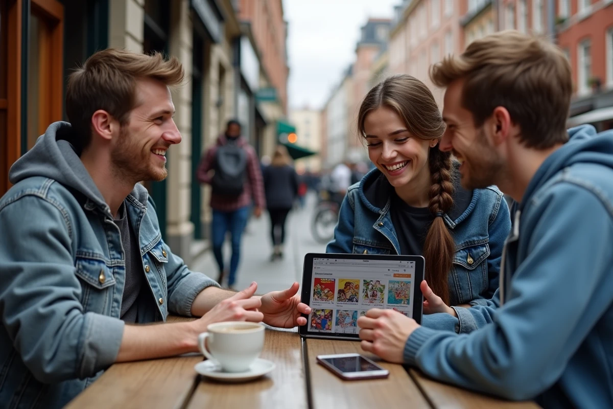 Trois amis lisant manga sur table en extérieur