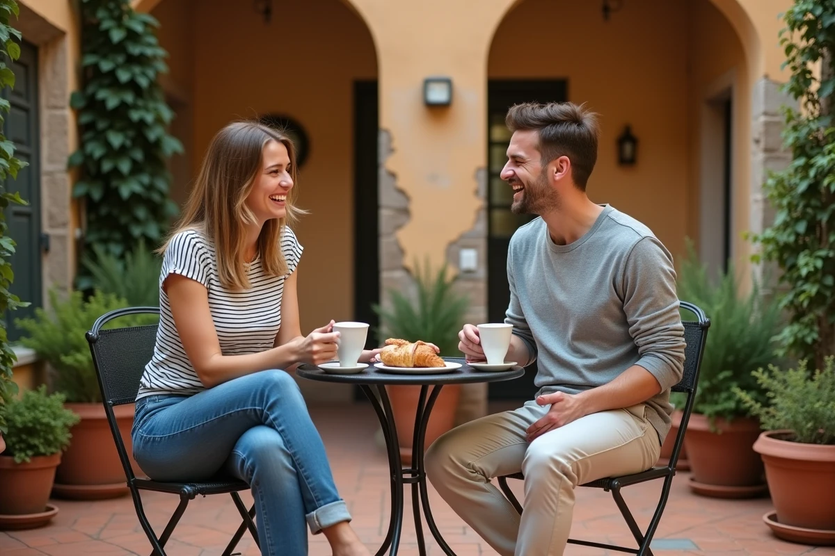Deux amis riant autour d'un petit-déjeuner sur une terrasse en pierre, évoquant la joie de vivre l'instant présent et le bonheur du carpe diem au quotidien
