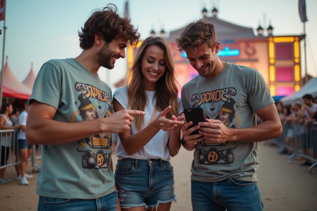 Groupe d'amis regardant le programme du festival Vieilles Charrues sur smartphone à l'entrée du site