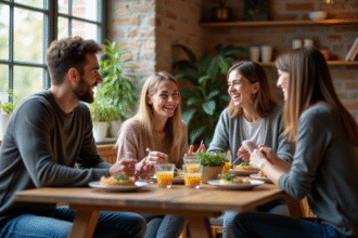 Groupe d'amis partageant un repas convivial dans une cuisine chaleureuse