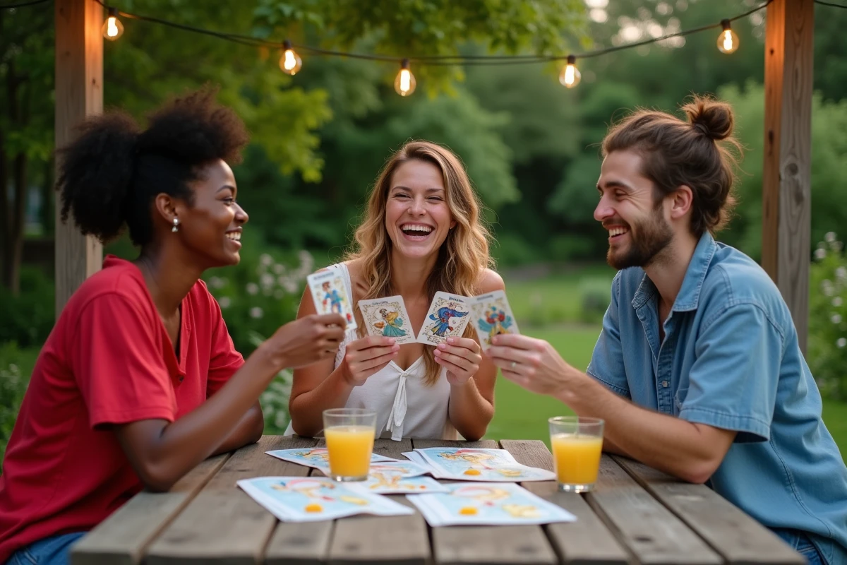 Groupe d'amis comparant leurs signes astrologiques lors d'une fête du 4 juillet en plein air