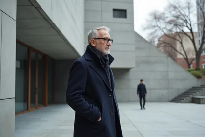 Architecte moderne devant un bâtiment en béton de Breuer