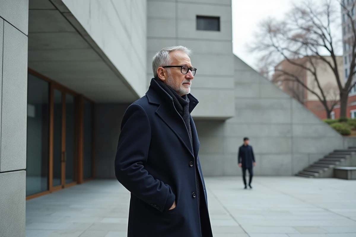 Architecte moderne devant un bâtiment en béton de Breuer