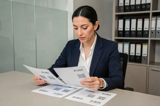 Femme professionnelle analysant des documents archivés avec codes QR et traçabilité dans un bureau moderne