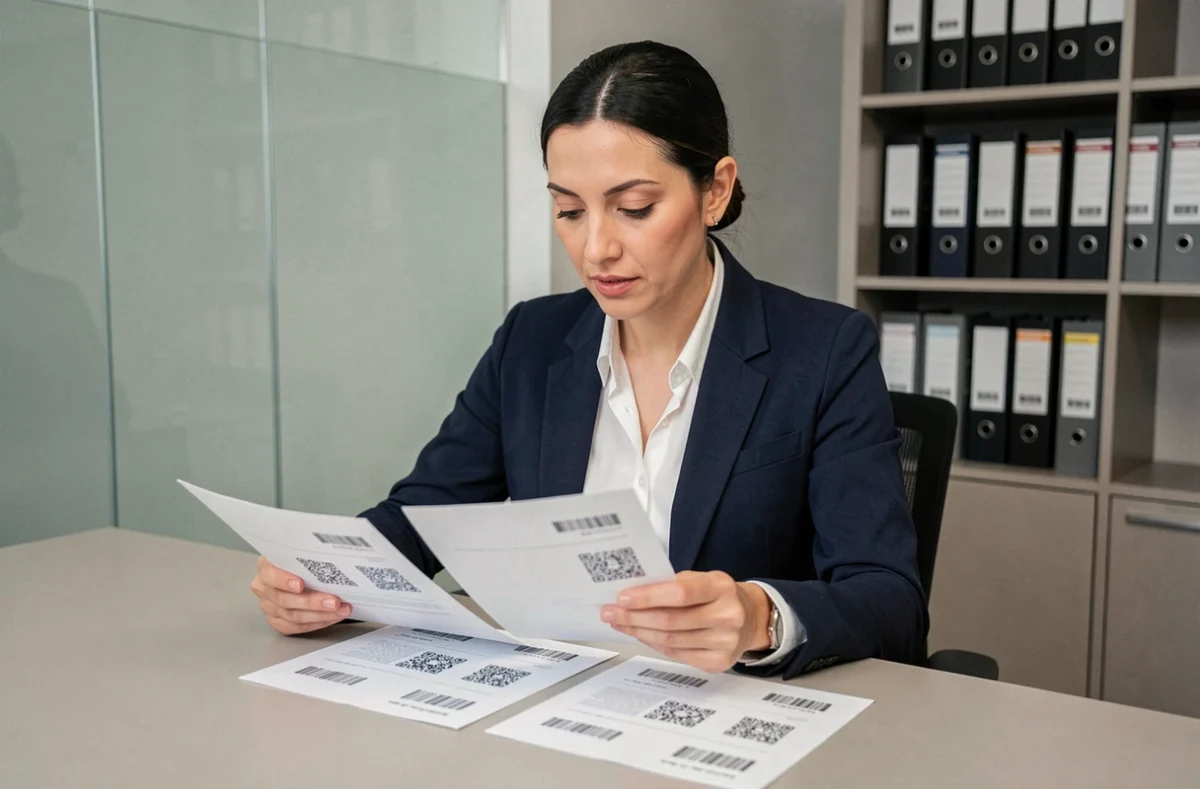 Femme professionnelle analysant des documents archivés avec codes QR et traçabilité dans un bureau moderne