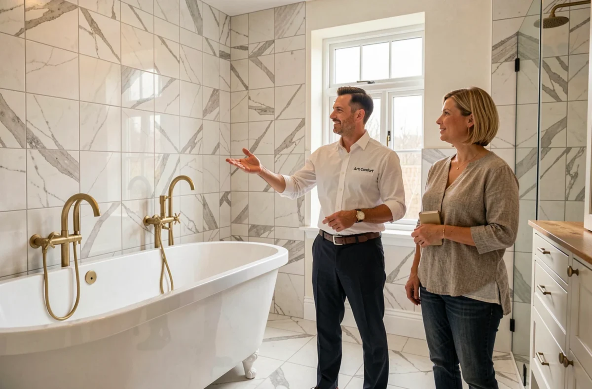 Artisan d'Art et Confort présentant une salle de bain rénovée haut de gamme à une cliente satisfaite en Normandie