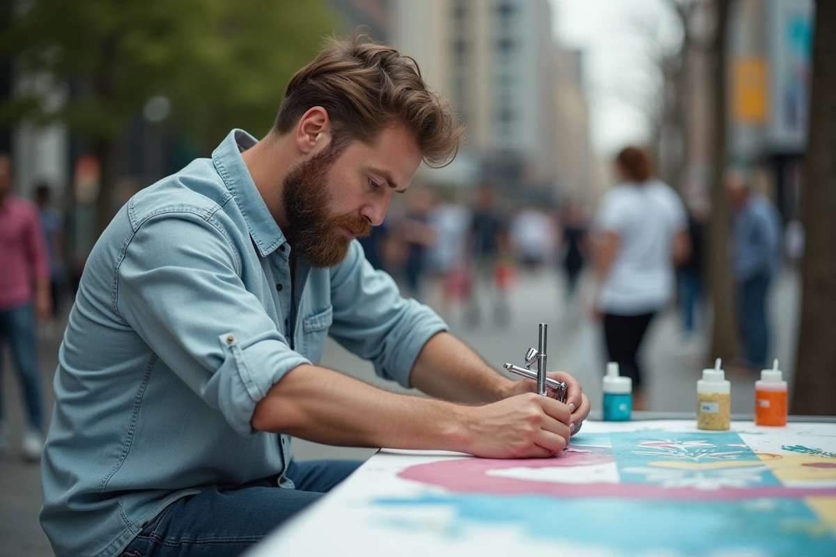 Artiste urbain utilisant un airbrush sur toile en extérieur