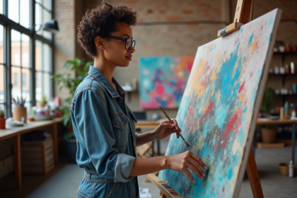 Femme artiste dans son studio urbain en train de peindre