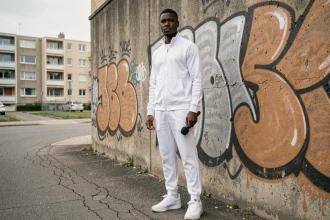 Jeune artiste de rap du Val-d'Oise en tenue blanche devant un mur de graffitis représentatif de la scène urbaine du 95 en 2026