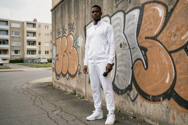 Jeune artiste de rap du Val-d'Oise en tenue blanche devant un mur de graffitis représentatif de la scène urbaine du 95 en 2026