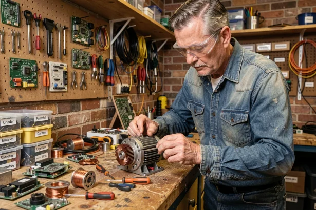 Bénévole d'un club électronique inspectant un moteur électrique recyclé sur un établi d'atelier encombré d'outils et de composants récupérés