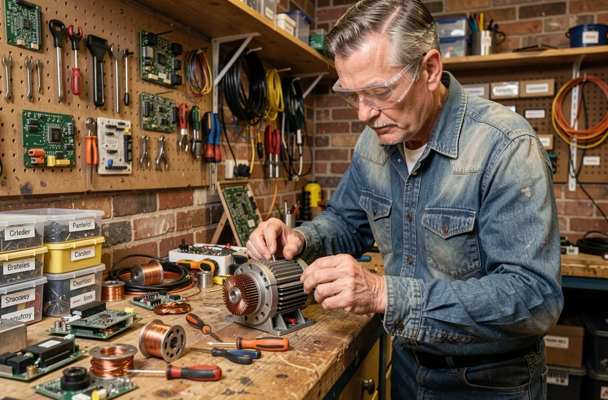 Bénévole d'un club électronique inspectant un moteur électrique recyclé sur un établi d'atelier encombré d'outils et de composants récupérés