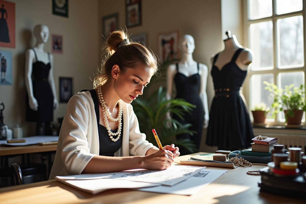 Créateur de mode dessinant dans un atelier lumineux avec mood boards et mannequins élégants