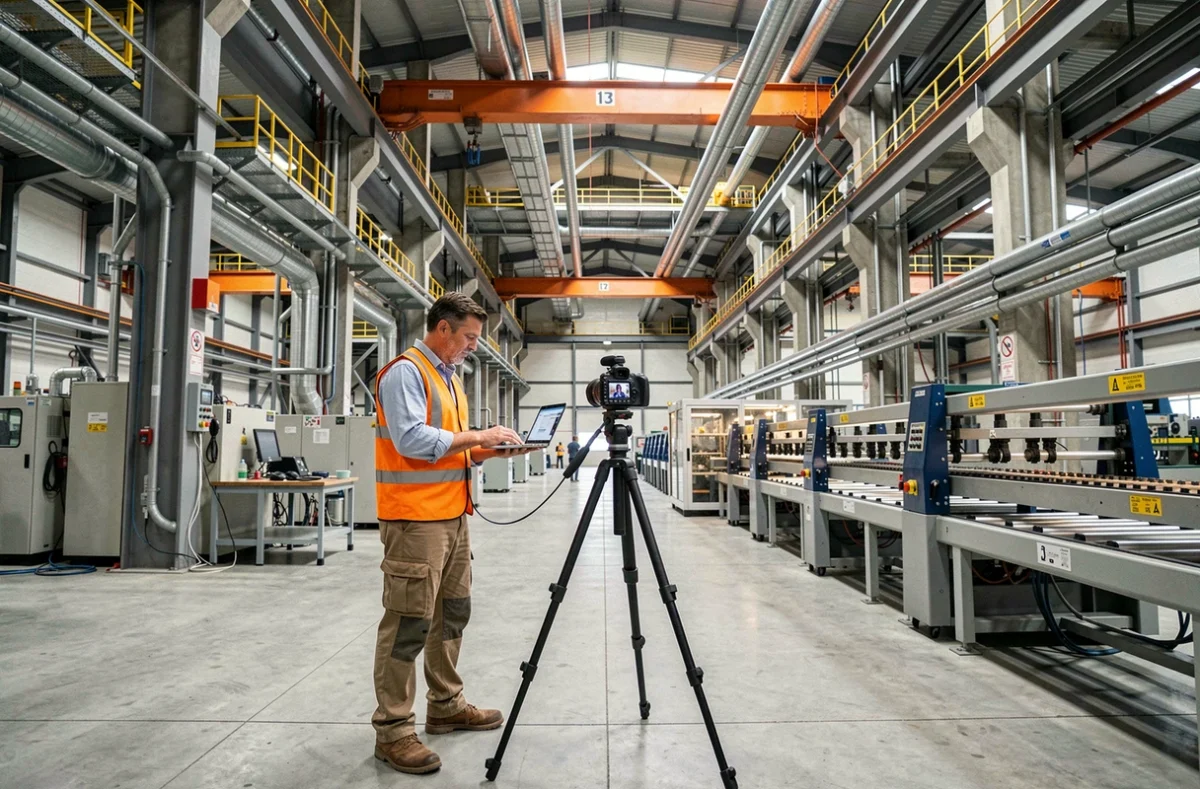 Photographe de l'Atelier Photo Pub et Industrie en action dans une grande usine industrielle avec équipement de prise de vue professionnel