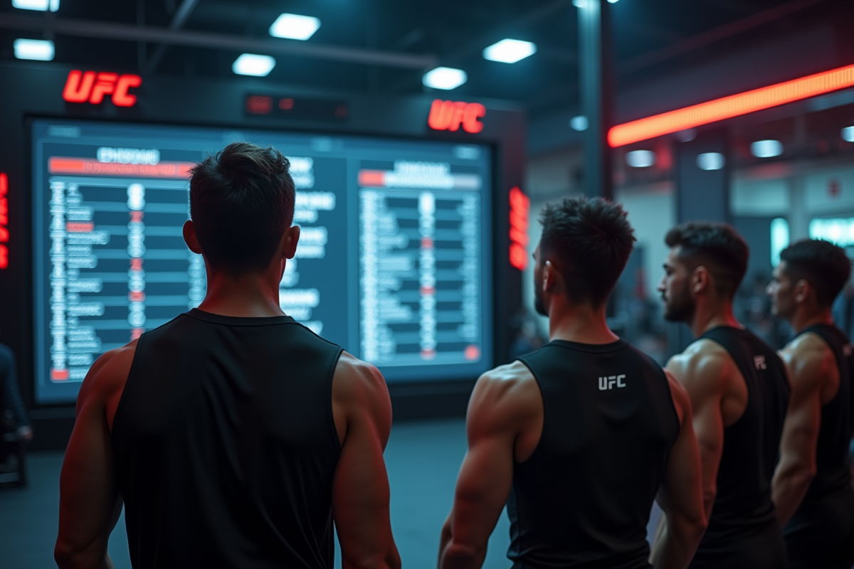 Athletes analysant les classements UFC dans un gym moderne