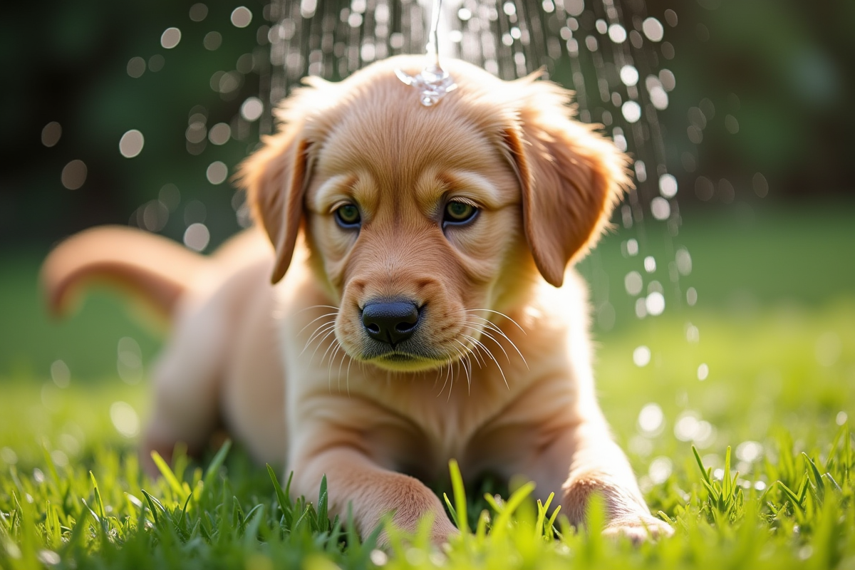 Bain en extérieur d un chiot golden retriever sous l eau