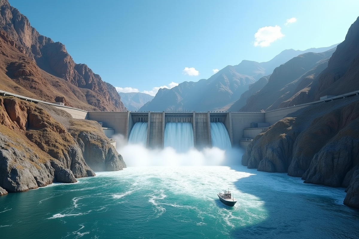 Barrage hydroelectrique en montagne avec turbines en action