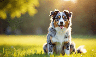 Australian Shepherd bleu merle assis dans un parc ensoleille