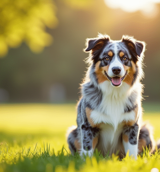 Australian Shepherd bleu merle assis dans un parc ensoleille