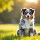Australian Shepherd bleu merle assis dans un parc ensoleille