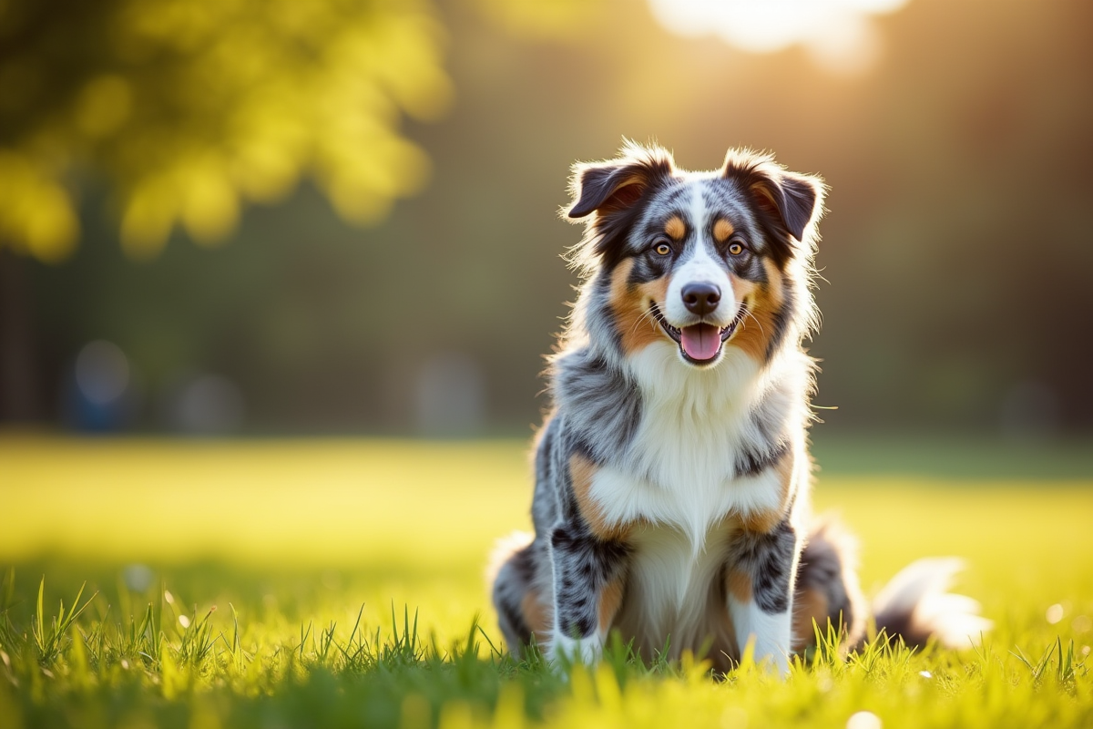 Australian Shepherd bleu merle assis dans un parc ensoleille
