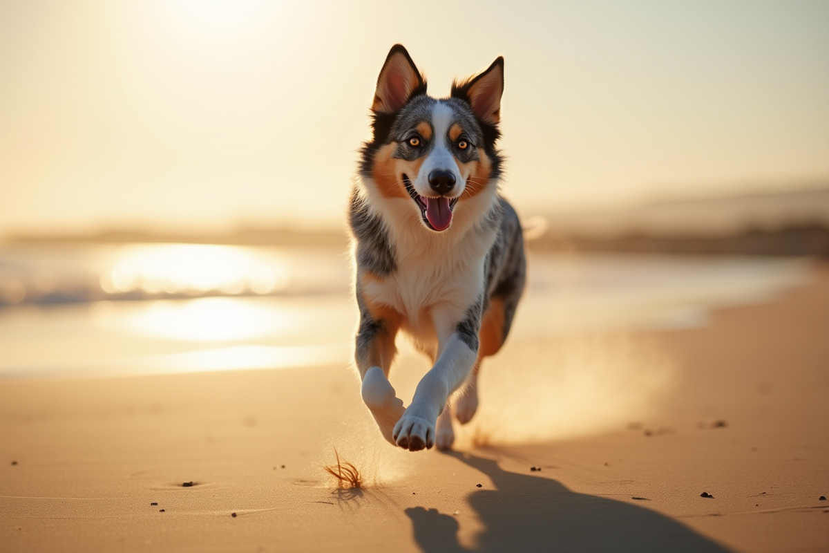 Australian Shepherd bleu merle courant sur la plage ensoleillee