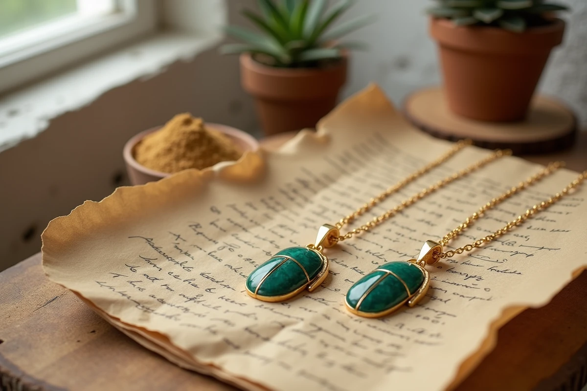 Bijoux contemporains en forme de scarabée en or et malachite disposés en flat-lay sur du papyrus ancien avec des notes hiéroglyphiques