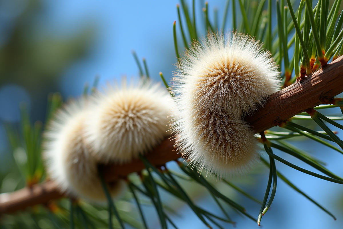 Branche de pin avec nids de chenilles processionnaires et ciel bleu