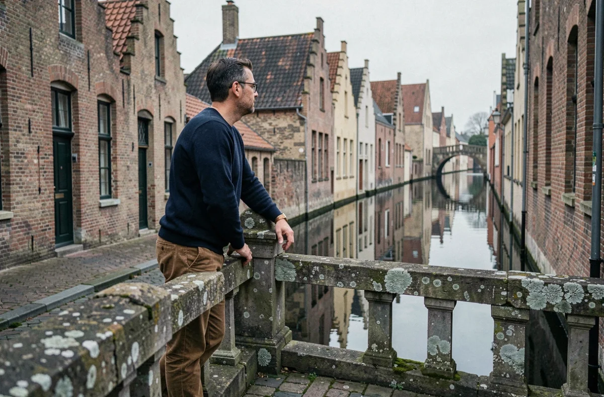Canal médiéval de Bruges ville belge à 6 lettres avec reflets sur l'eau et bâtiments en brique