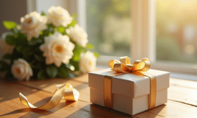 Coffret cadeau anniversaire avec ruban doré sur table ensoleillee