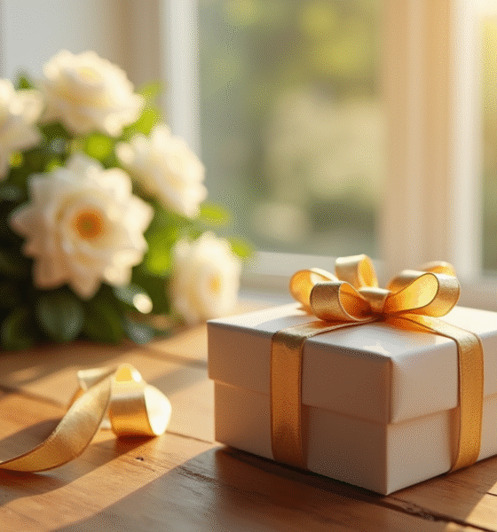 Coffret cadeau anniversaire avec ruban doré sur table ensoleillee