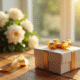 Coffret cadeau anniversaire avec ruban doré sur table ensoleillee