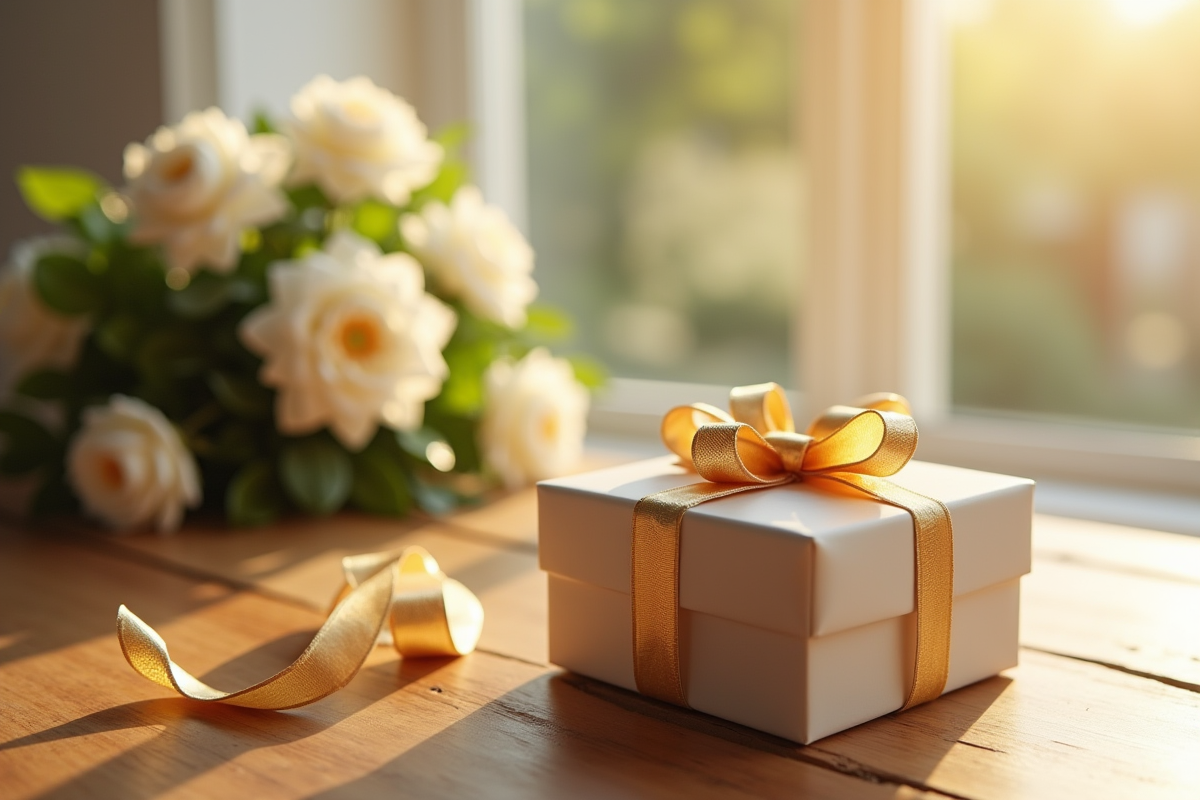 Coffret cadeau anniversaire avec ruban doré sur table ensoleillee