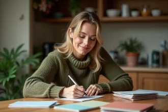Femme écrivant une carte d'anniversaire manuscrite à la maison, cartes papier colorées sur une table en bois