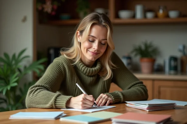 Femme écrivant une carte d'anniversaire manuscrite à la maison, cartes papier colorées sur une table en bois