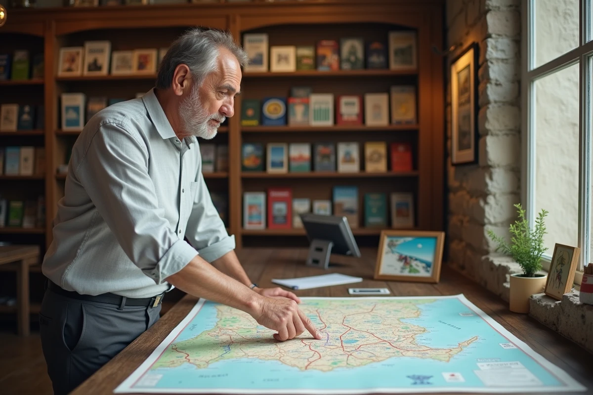 Homme consultant une carte détaillée de la Normandie posée sur une table en bois dans un office de tourisme