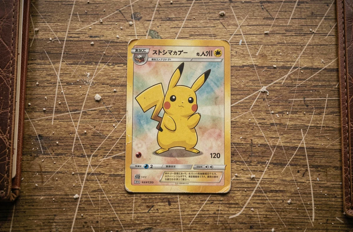 Carte Pokémon Pikachu rare vintage posée sur un bureau en bois usé, vue de dessus en flat lay