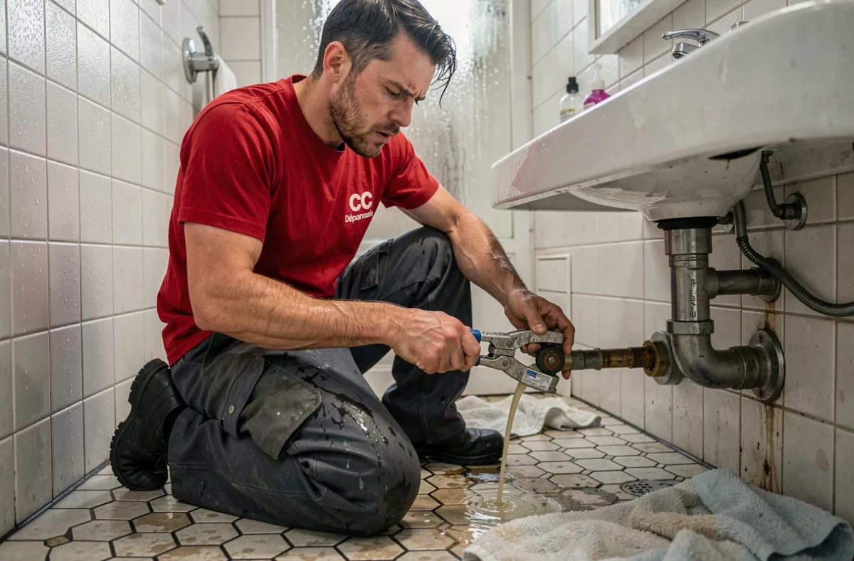 Plombier de CC Dépannage réparant en urgence une fuite sous un lavabo dans une salle de bain normande