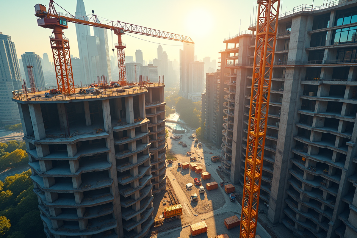 Vue aérienne d un chantier urbain avec grues et bâtiments en construction