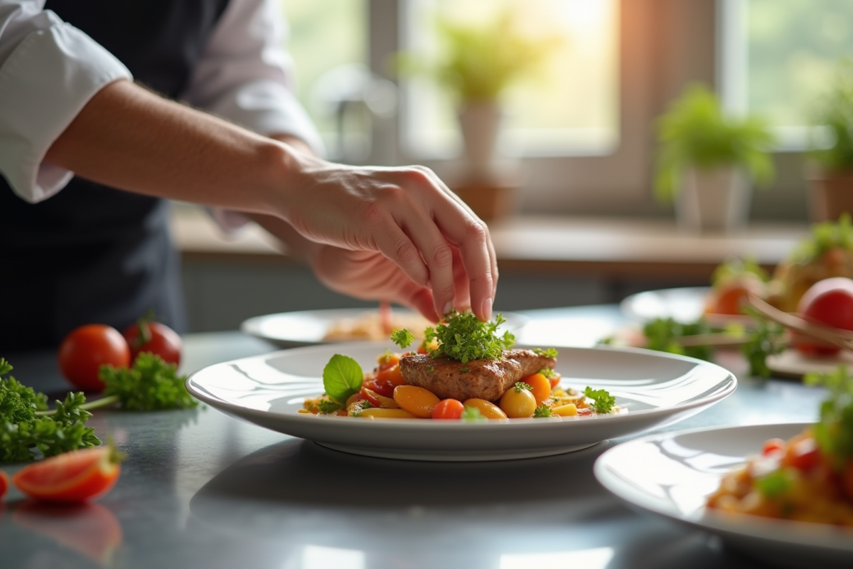 Chef moderne dressant un plat sophistique dans une cuisine lumineuse