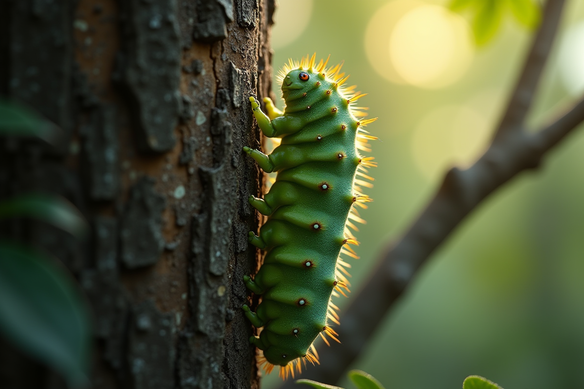 Chenille sphinx accrochée au tronc d arbre au matin