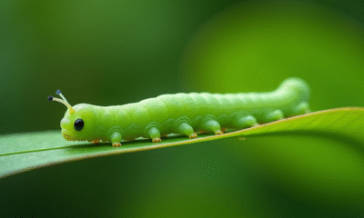 Chenille sphinx verte en macro sur une feuille en lumière naturelle
