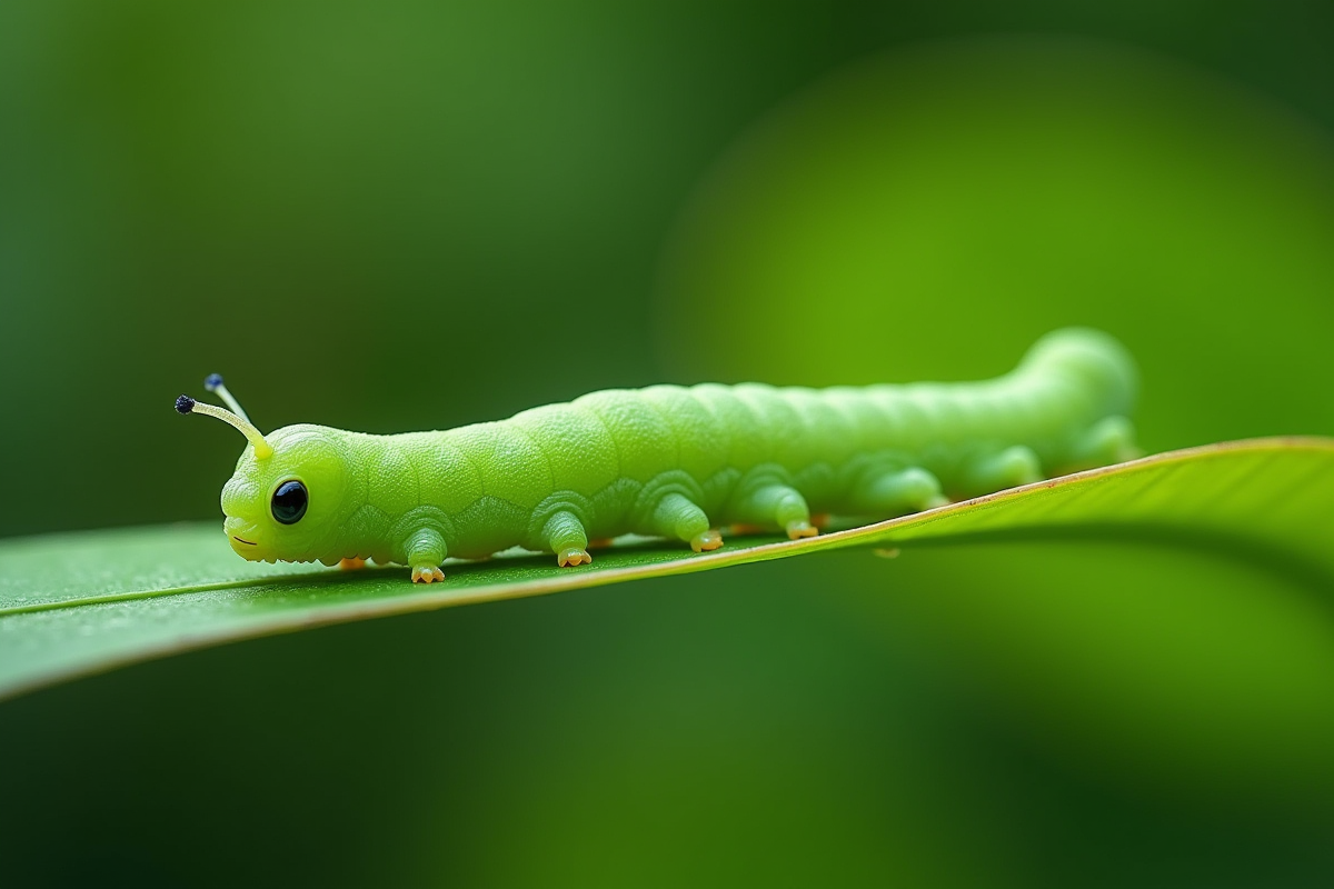 Chenille sphinx verte en macro sur une feuille en lumière naturelle